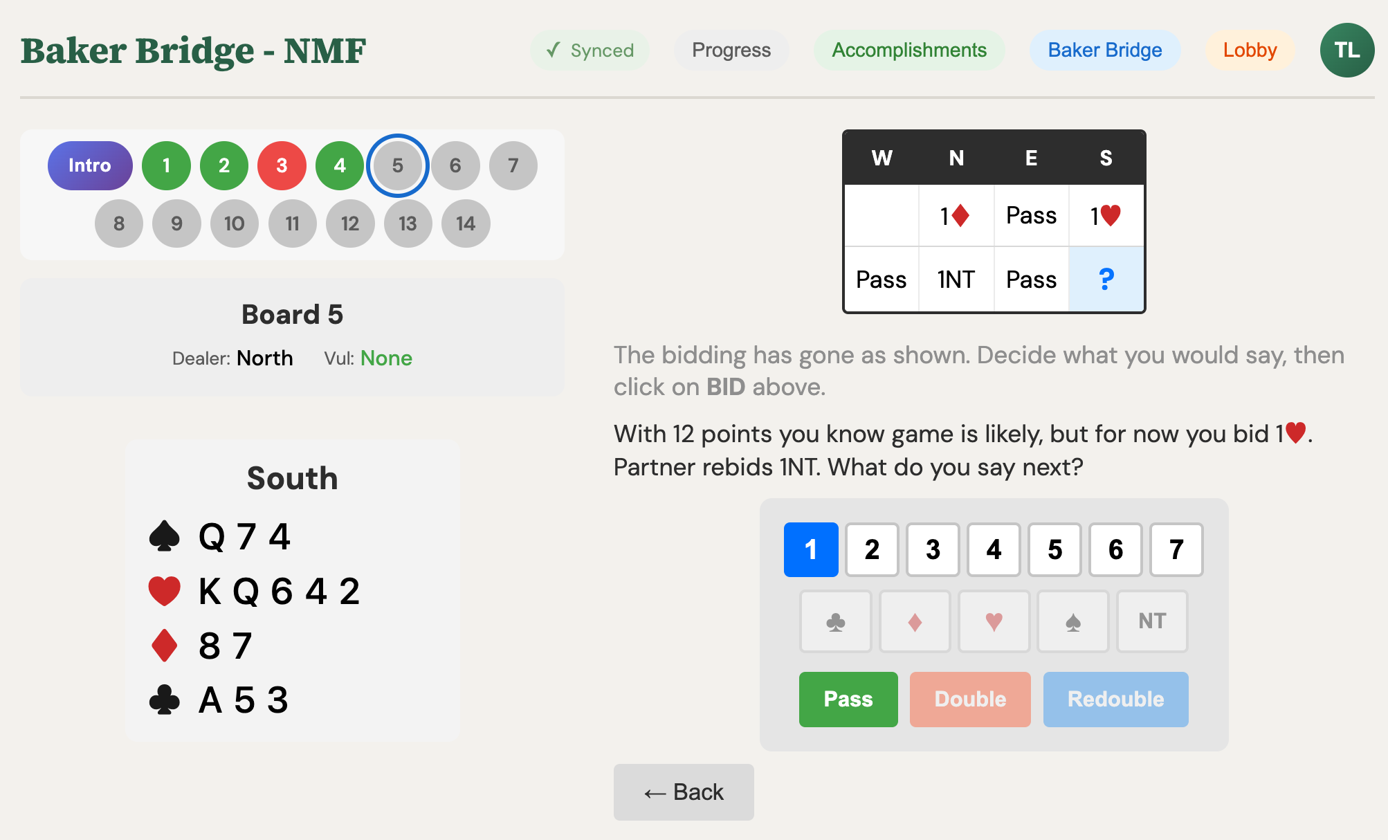 Solo practice view showing a bidding exercise